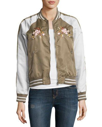 Bird Colorblock Satin Bomber Jacket, Khaki