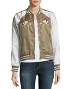 Bird Colorblock Satin Bomber Jacket, Khaki