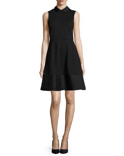 Sleeveless Collared A-line Dress, Black