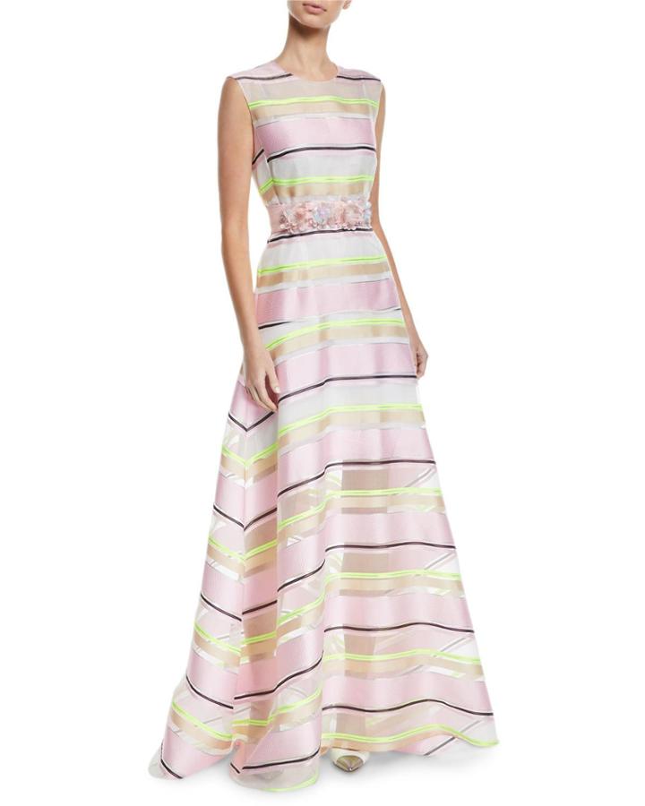 Sleeveless Floral-applique Belt Striped-organza A-line Gown