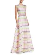 Sleeveless Floral-applique Belt Striped-organza A-line Gown
