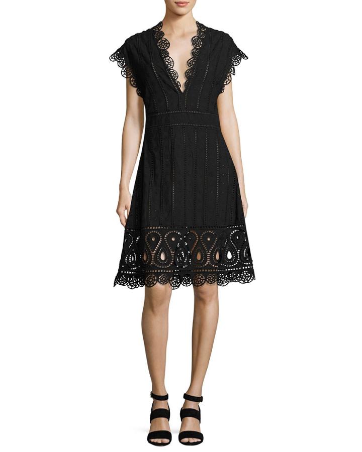 Anglaise Short-sleeve Eyelet Dress, Black