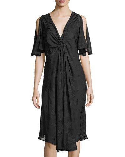 Flutter-sleeve Drape-front Jacquard Dress