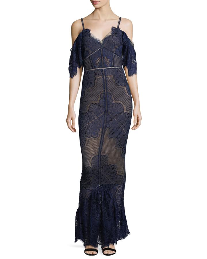 Cold-shoulder Fitted Guipure Lace Evening Gown