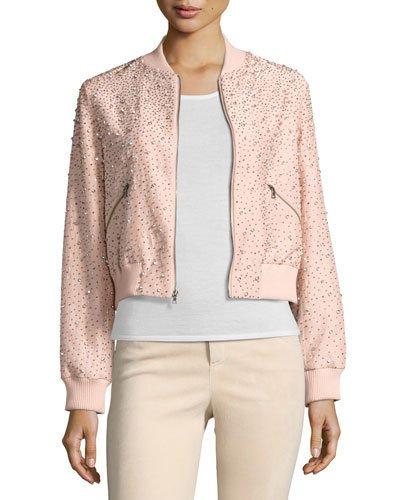 Demia Embellished Silk Cropped Bomber Jacket,