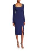 Beaded Square-neck Long-sleeve Dress W/ Front