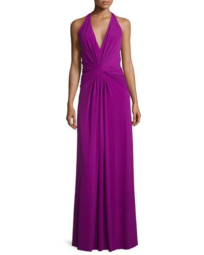 V-neck Twist-front Evening Gown, Purple