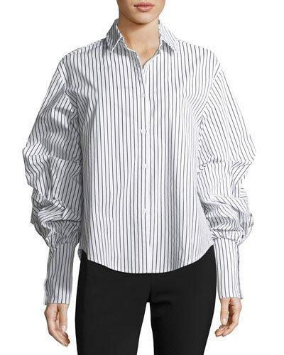 Puff-sleeve Striped Cotton Blouse