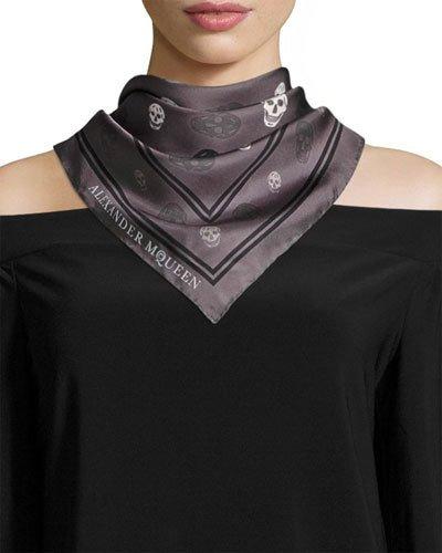Skull-print Silk Bandana Scarf, Gray/black