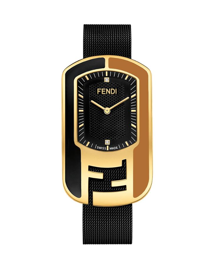 Chameleon 2-diamond Watch W/ Mesh Bracelet, Black/brown/gold