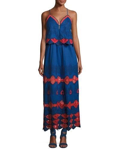 Phyllis Embroidered Cotton Voile Maxi Dress, Blue