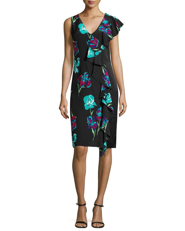 Sleeveless Floral-print Ruffled Cocktail Dress