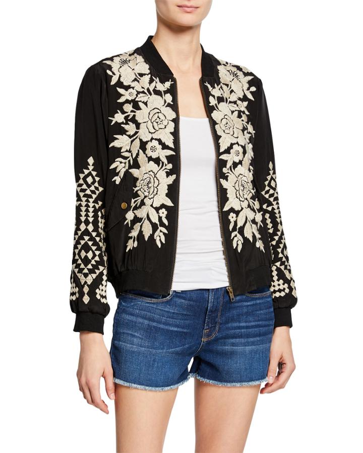 Mela Floral-embroidered Silk Bomber Jacket