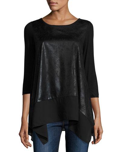 Faux-leather Panel 3/4-sleeve Tunic, Black/black