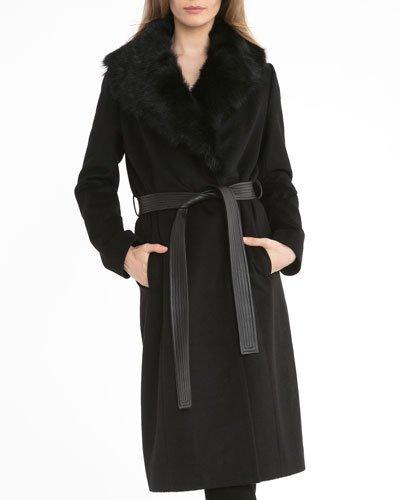 Shearling-trim Wool Wrap Coat