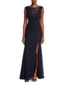 Cap-sleeve Lace Evening Gown W/ High