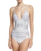 Ruched-sides Printed One-piece Swimsuit, Purple Pattern