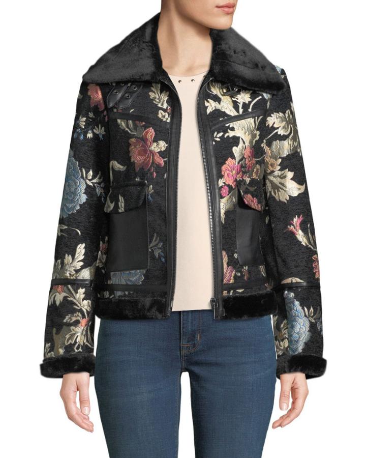Tapestry Print Faux-shearling Aviator Jacket