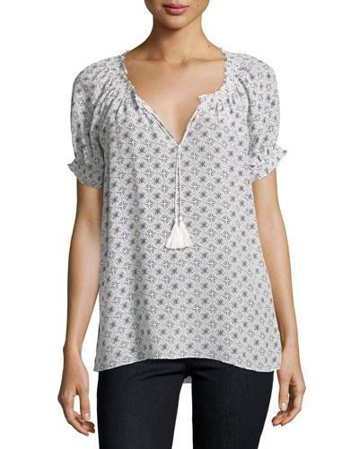 Masha Printed Short-sleeve Blouse, Porcelain/tulip