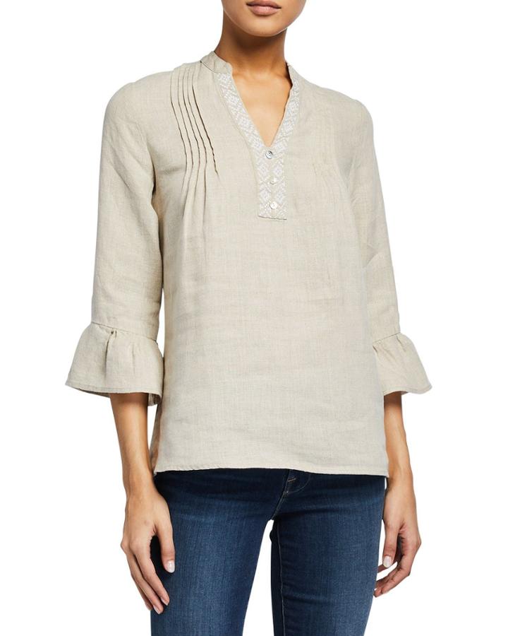 Embroidered Linen Pintuck Caftan Tunic