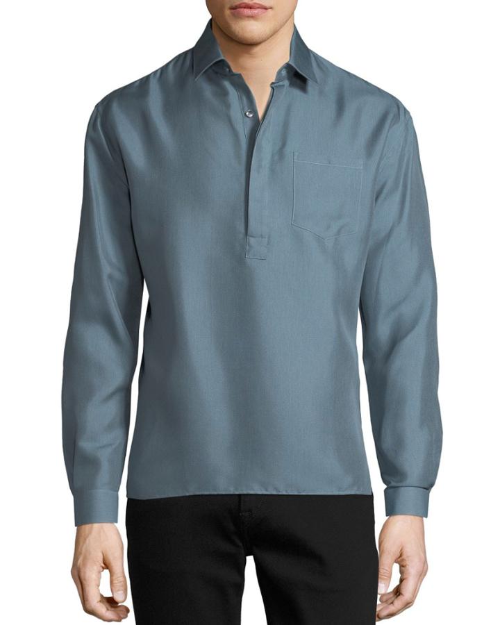 Men's Long-sleeve Silk Half-button