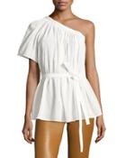 Belted Shirred One-shoulder Top, White