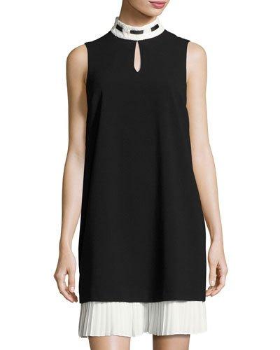 Pleated-trim Mock-neck Shift Dress, Black/white