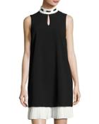 Pleated-trim Mock-neck Shift Dress, Black/white