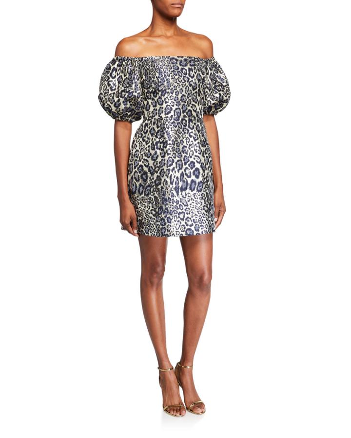 Metallic Leopard Jacquard Off-the-shoulder Puff-sleeve