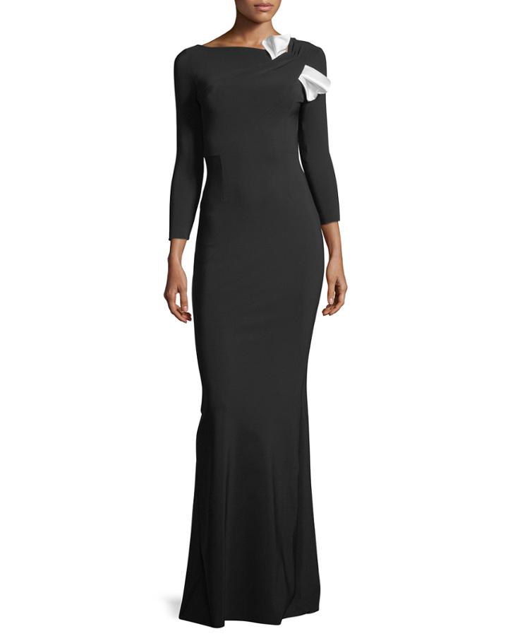 Sondra Asymmetric-neck Long-sleeve Bow Gown