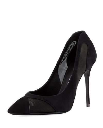 Lucrezia Mixed Mesh Suede Pump, Nero