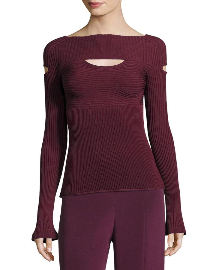Ribbed Boat-neck Top With Cutouts,