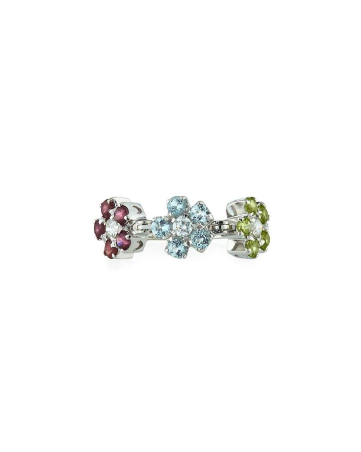 18k White Gold 3-flower Diamond & Quartz Ring,