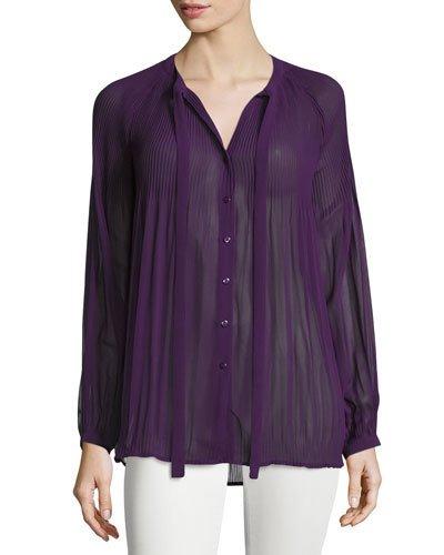 Self-tie Neck Pleated-yoke Blouse, Purple
