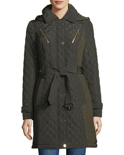 Quilted Pea Coat W/ Belt & Hood