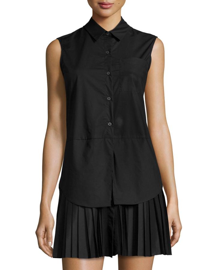 10 Crosby Derek Lam Sleeveless Pleated-skirt Shirtdress, Black, Women's,