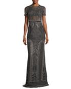 Embroidered Lace Cap-sleeve Column Evening Gown