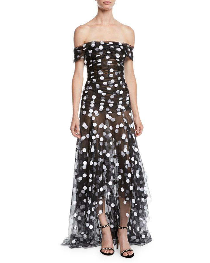 Off-the-shoulder Polka-dot Tulle Evening Gown