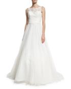 Embroidered-bodice Sleeveless Tulle Gown, White