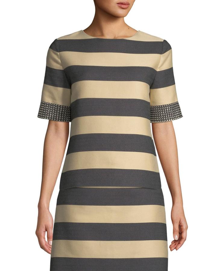 Studded Short-sleeve Awning-stripe Cotton Top