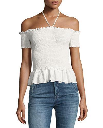Smocked Off-the-shoulder Pop Top, White