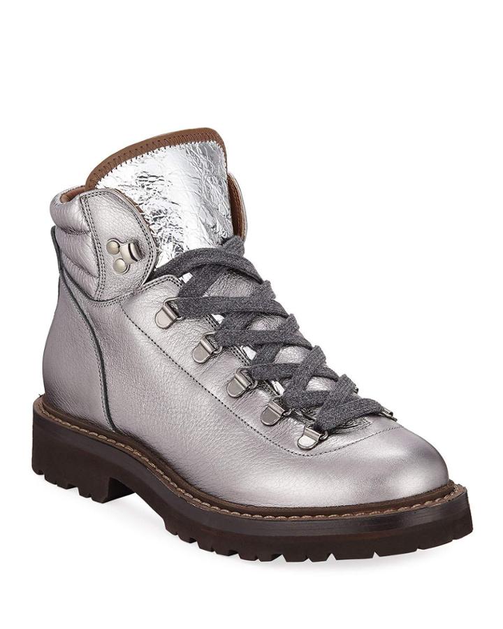Metallic Leather Lace-up Hiking Boots