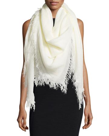 Neiman Marcus Xl Square Fringe Scarf, White, Women's