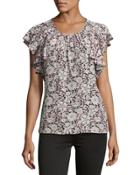 Lindsay Flutter-sleeve Silk Top, Black/pink