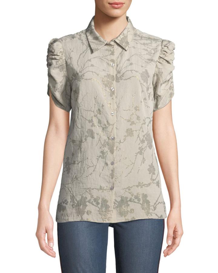 Metallic Floral Button-down Blouse