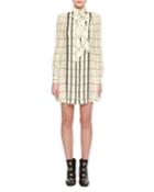 Long-sleeve Windowpane Tie-neck Shirtdress, White/black