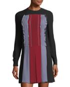 Long-sleeve Pleat-front Colorblock Dress