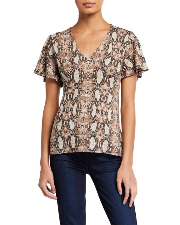 Snake-print V-neck Flutter-sleeve Top