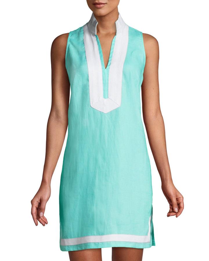 Sleeveless High-neck Two-tone Tunic Dress, Blue/white