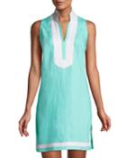 Sleeveless High-neck Two-tone Tunic Dress, Blue/white